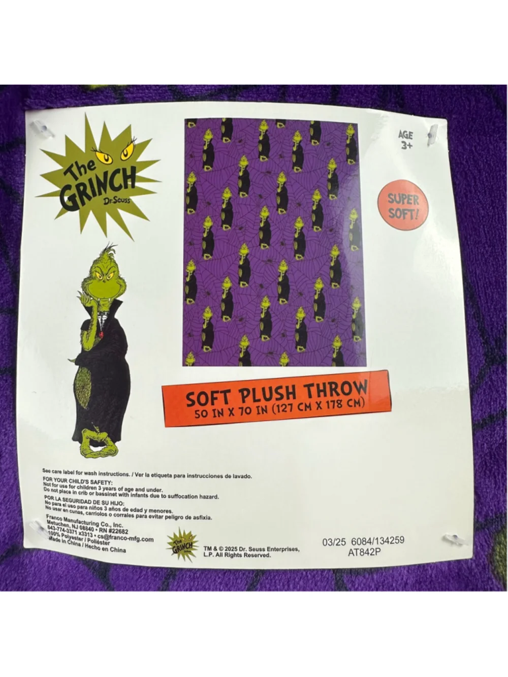 Disney The Grinch Halloween Plush Throw Blanket Purple Spiderweb Bats 50x70
